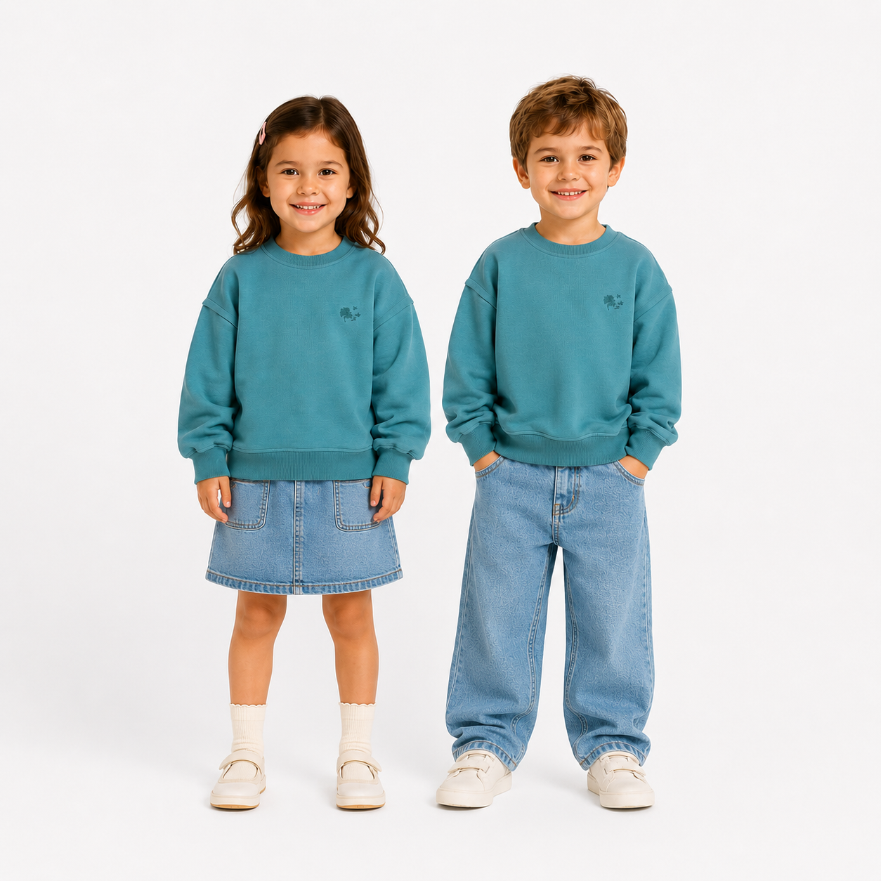 Unisex Yeşil %100 Pamuk İki İplik Düşük Kol Sweatshirt