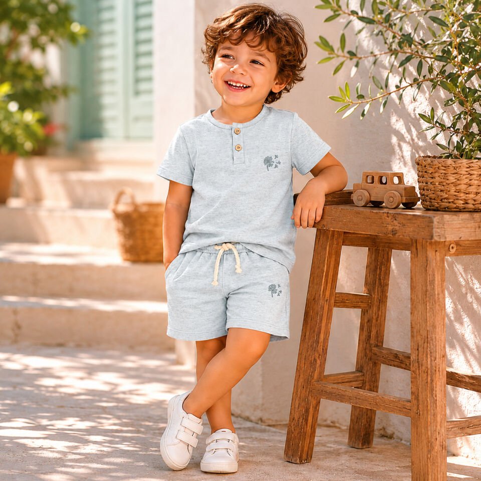 Unisex Gri %100 Pamuk İki İplik Şort Tişört Takım