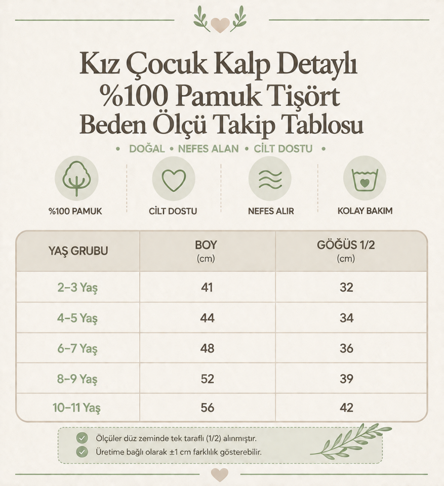 Kız Çocuk Kalp Detaylı %100 Pamuk Süprem Tişört