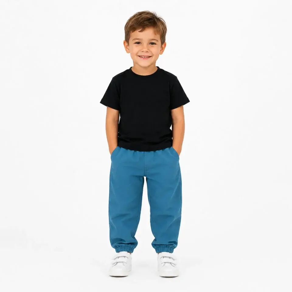 Siyah Bol Kesim Lastik Paça %100 Gabardin Çocuk Pantolon 8/9  - Mavi