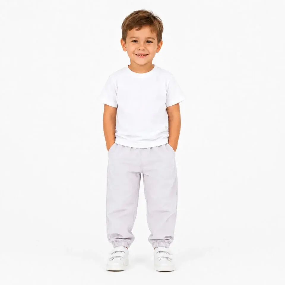 Siyah Bol Kesim Lastik Paça %100 Gabardin Çocuk Pantolon 2/3  - Krem